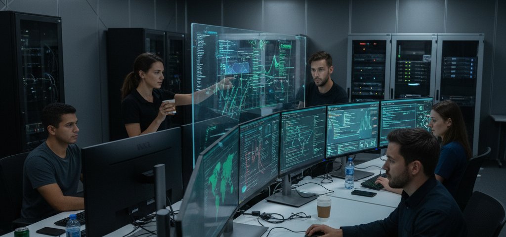 Technical team in an operations center monitoring multiple screens