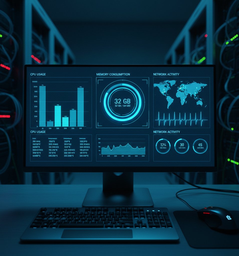 Monitor displaying a monitoring dashboard with CPU, memory and network activity usage