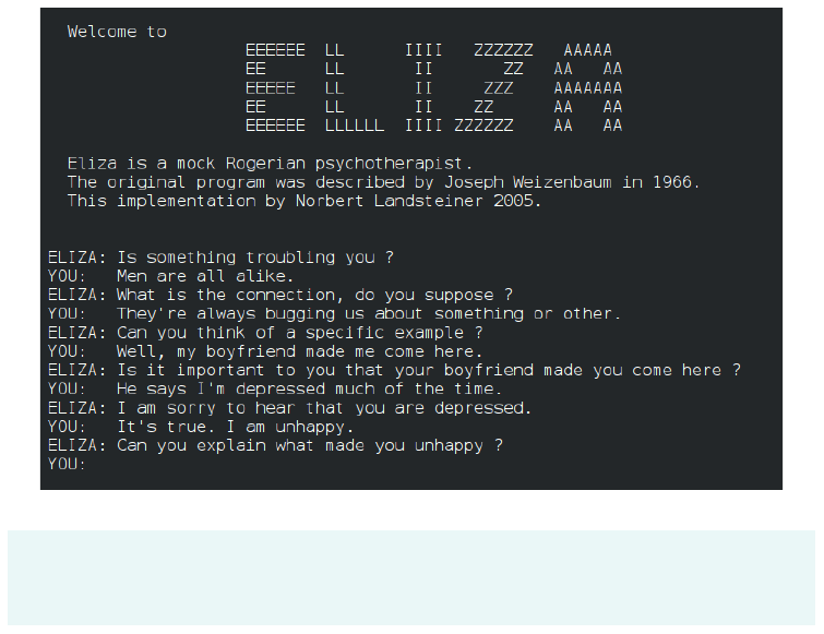 Terminal com uma conversa real com o chatbot ELIZA