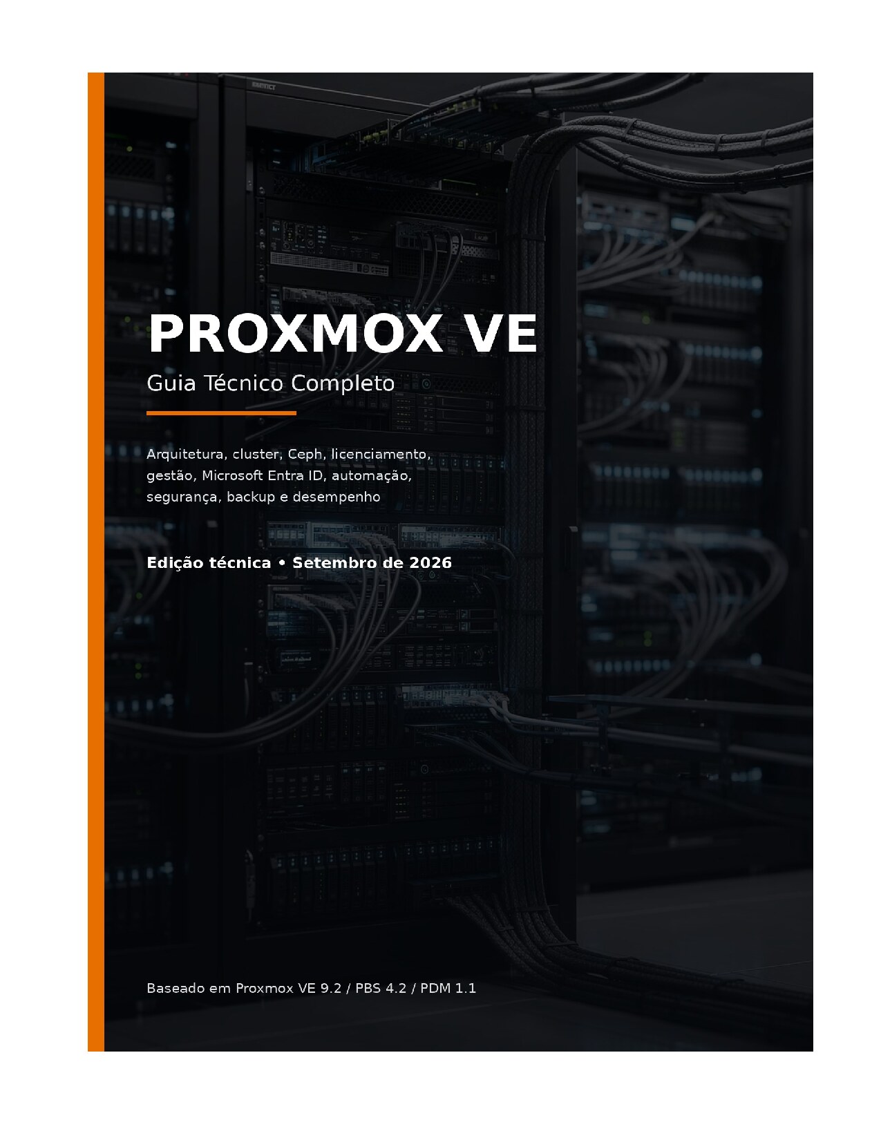 Cover of the Proxmox technical guide, with a background of server racks in a data center