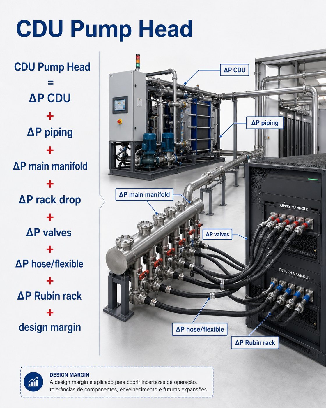Diagrama do CDU Pump Head somando as perdas de pressão de CDU, tubulação, manifold, válvulas, mangueiras e rack