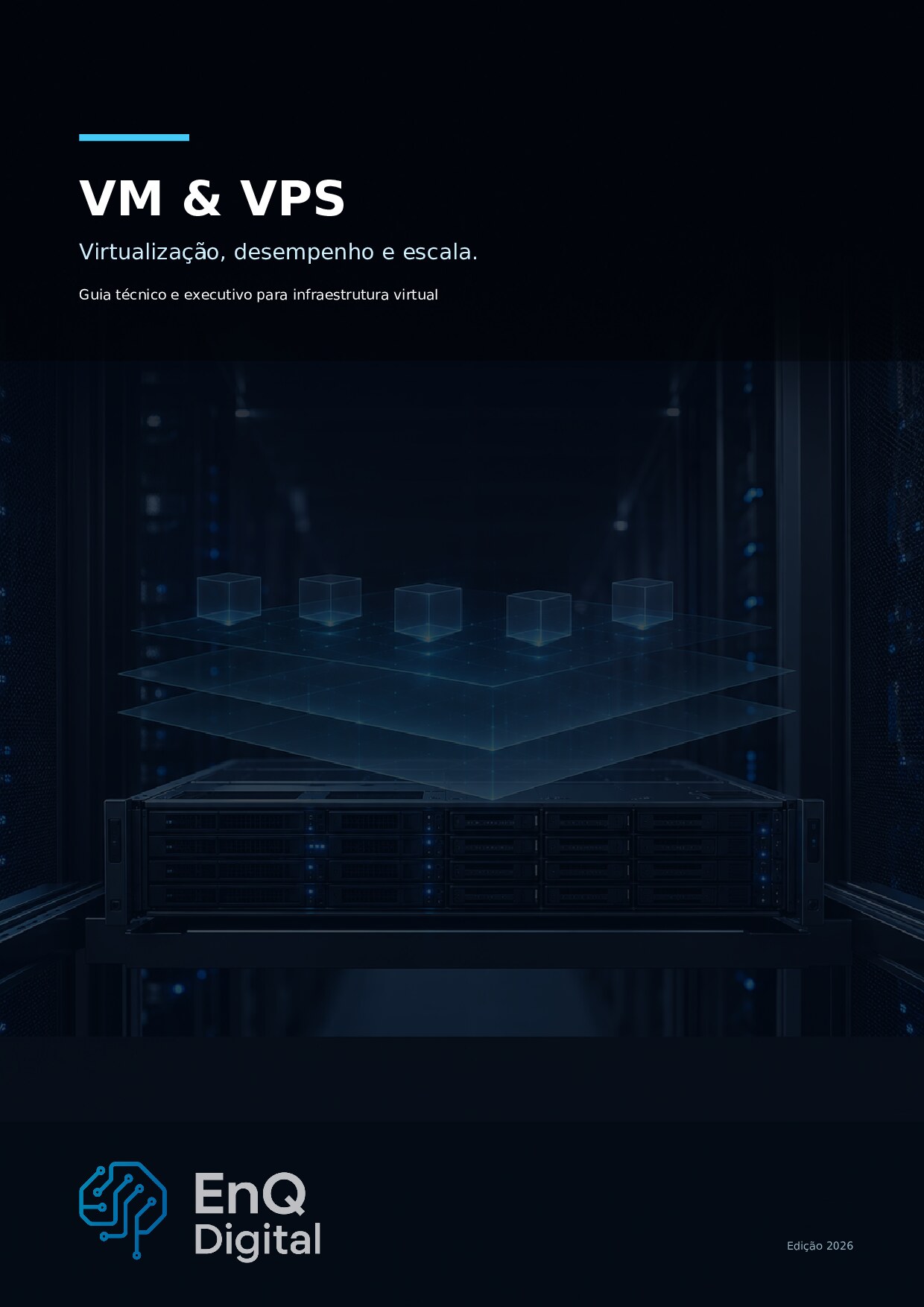 Portada de la guía VM y VPS - Virtualización, desempeño y escala, con ilustración de capas de virtualización sobre un rack de servidores